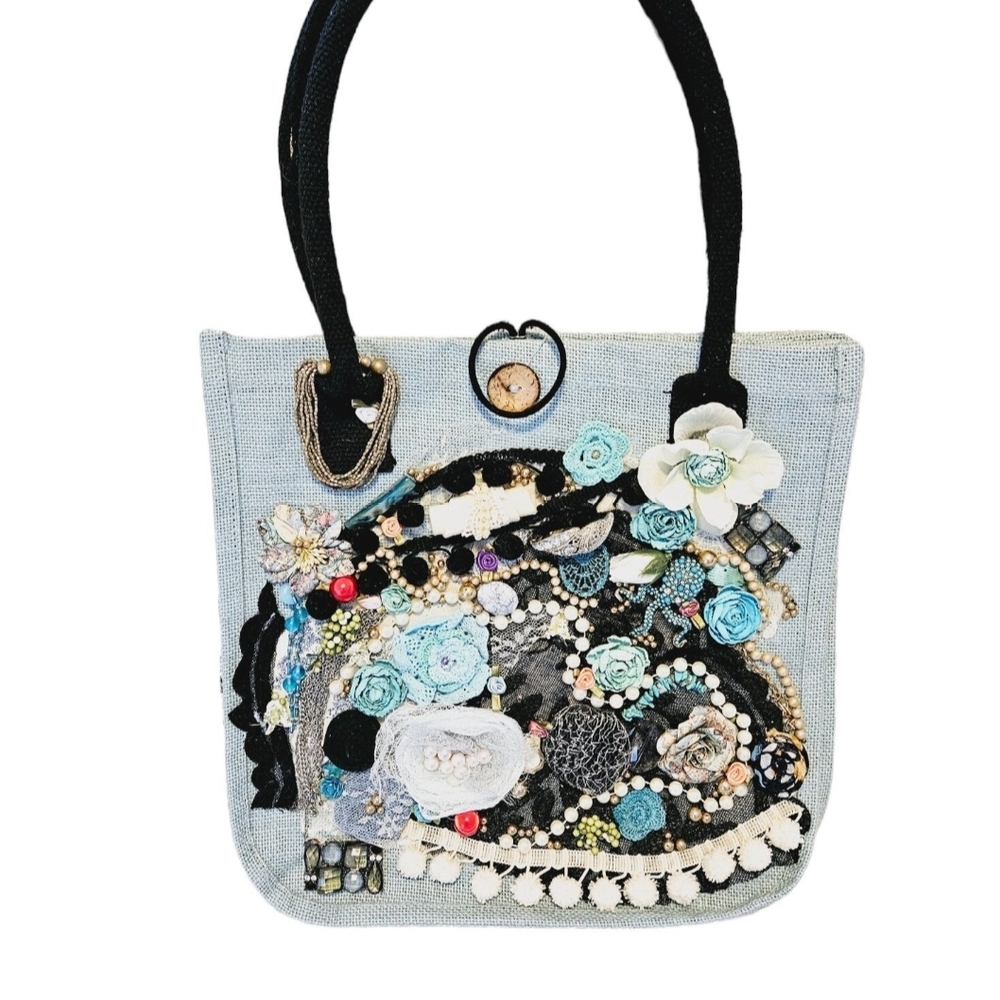 Embellished Floral Tote Bag - Blue and Black